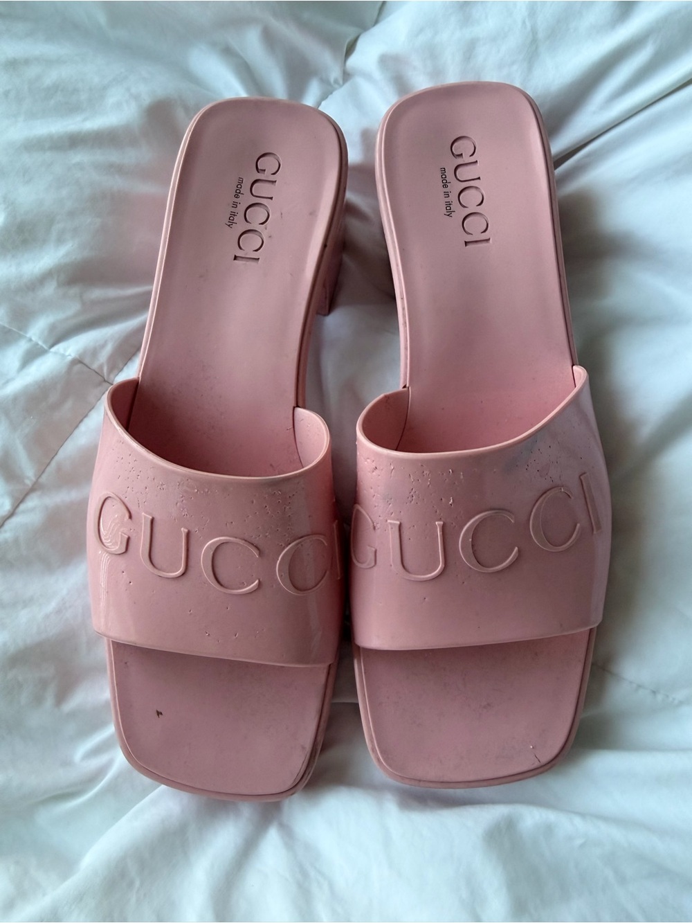 Gucci Pink Embossed Logo Slide Mules